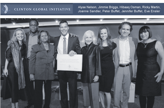 Man Up Campaign launch at CGI 2009 with Alyse Nelson (Vital Voices), Jimmie Briggs (Man Up Campaign), Hibaaq Osman, Ricky Martin, Joanne Sandler (UNIFEM), Jennifer Buffett (NoVo Foundation), Peter Buffett (NoVo Foundation), Eve Ensler (V-Day)